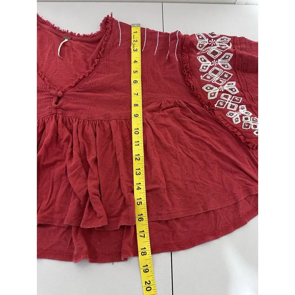 Free People Penny Love Top Cropped Red Embroidered Tassels Boho SZ M